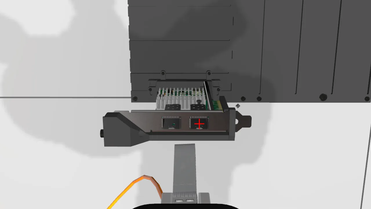 Wrist-camera view of the task board in simulation with the target SFP port marked by a red crosshair