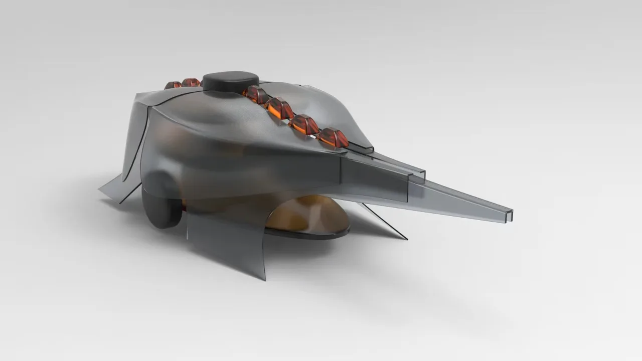 Render of the ShoeHugger shell: a translucent grey body with amber spine LEDs, a long snout, and folding wings