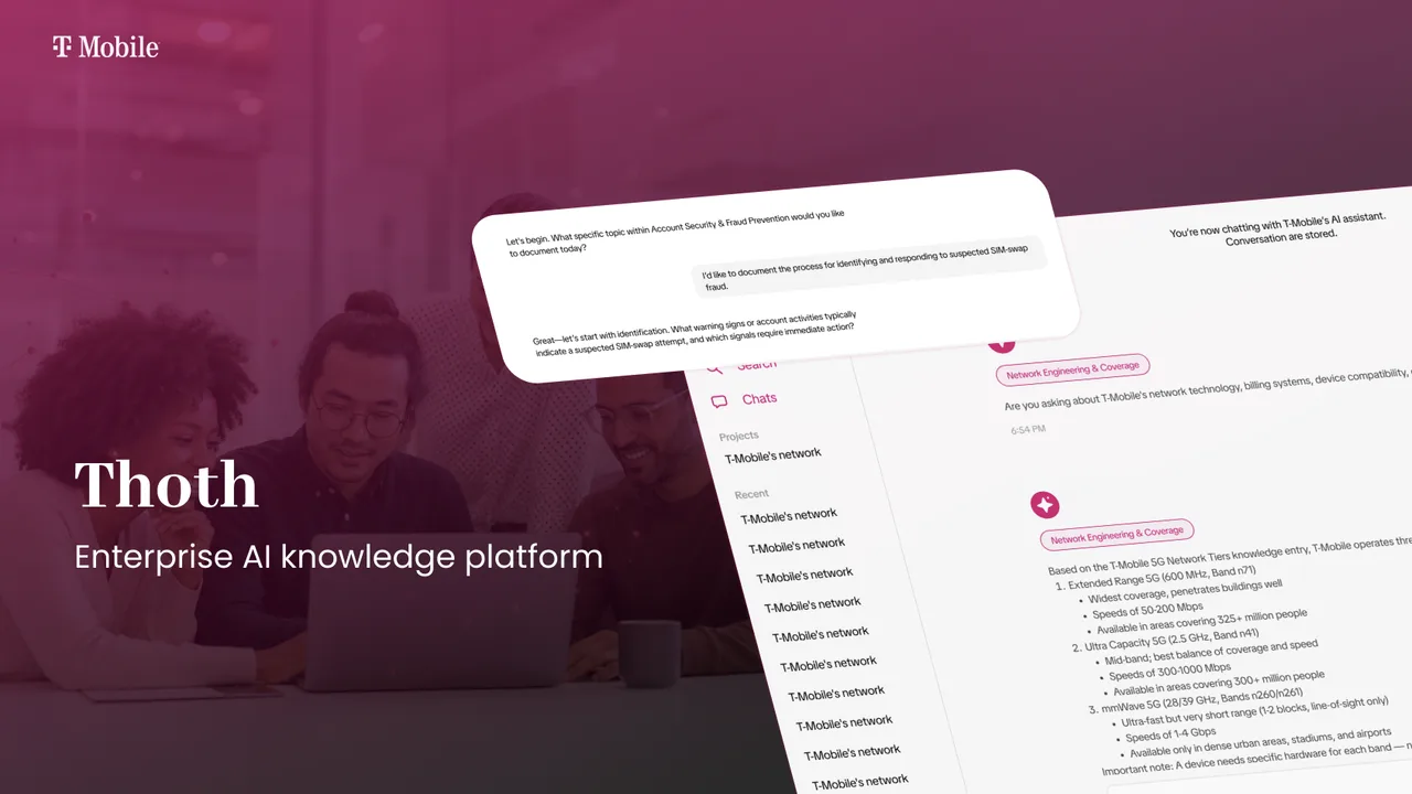 Thoth title card: enterprise AI knowledge platform, with the chat UI answering a T-Mobile 5G network question