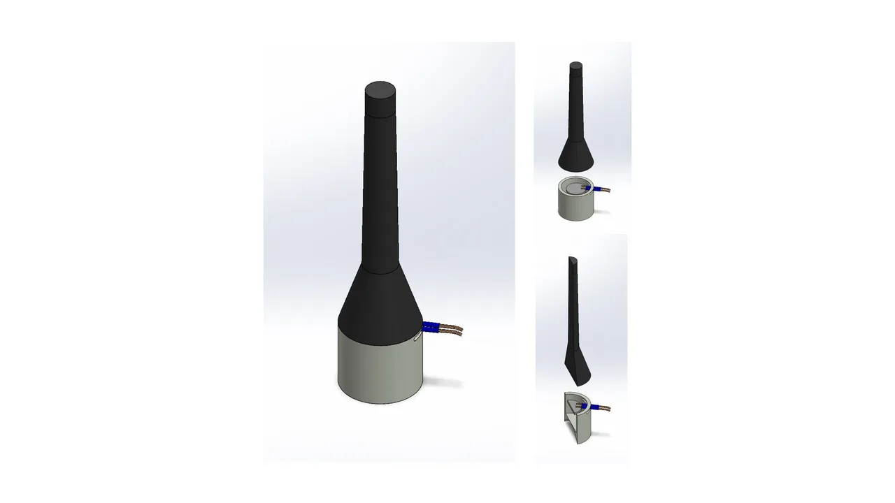 CAD render of the VitreaClear transducer rod assembly with exploded and sectioned views